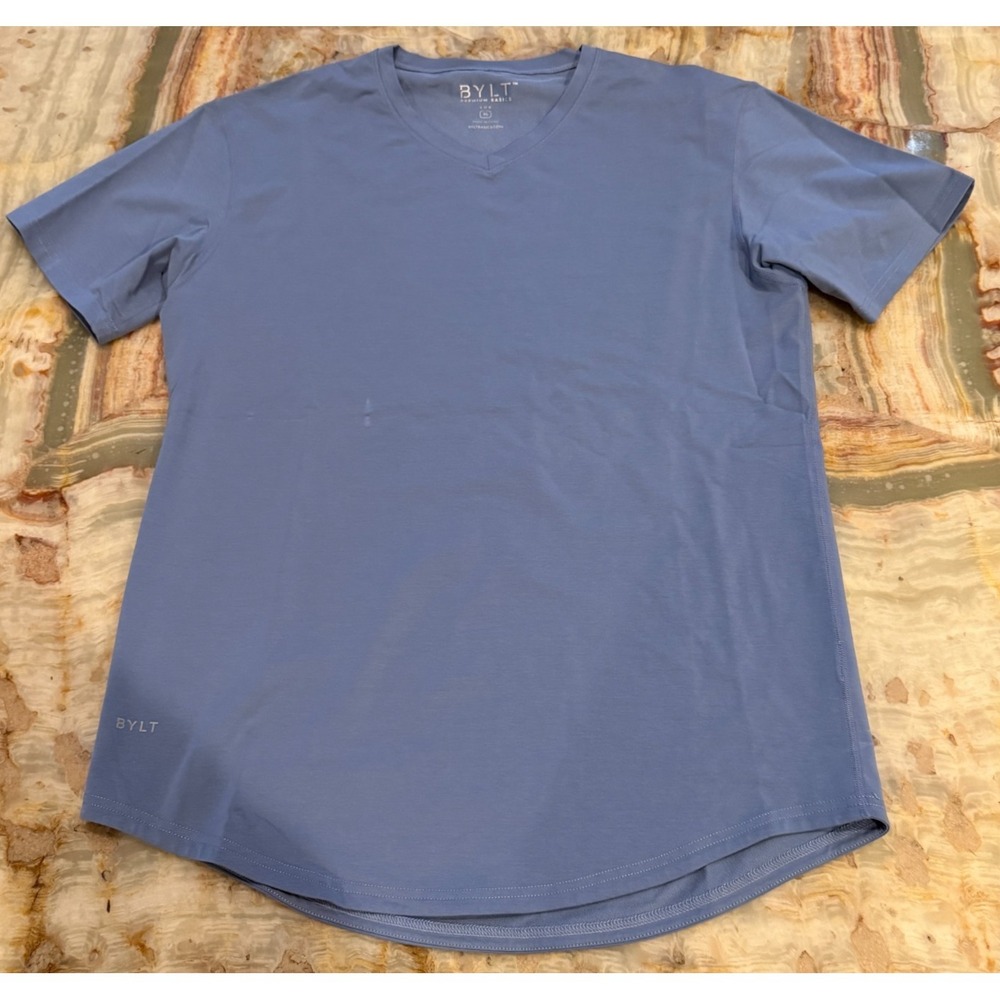 Bylt Premium Basics Mens Drop Cut‎ T-Shirt Blue Lux Short Sleeve V-Neck Size XL